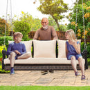 3-Person Wicker Porch Swing Chair Heavy Duty 900 LBS Outdoor Rattan Patio Swing Chair w/Cup-Holder & Steel Chains Hanging Bench Porch Swing Cushions for Deck & Backyard & Garden