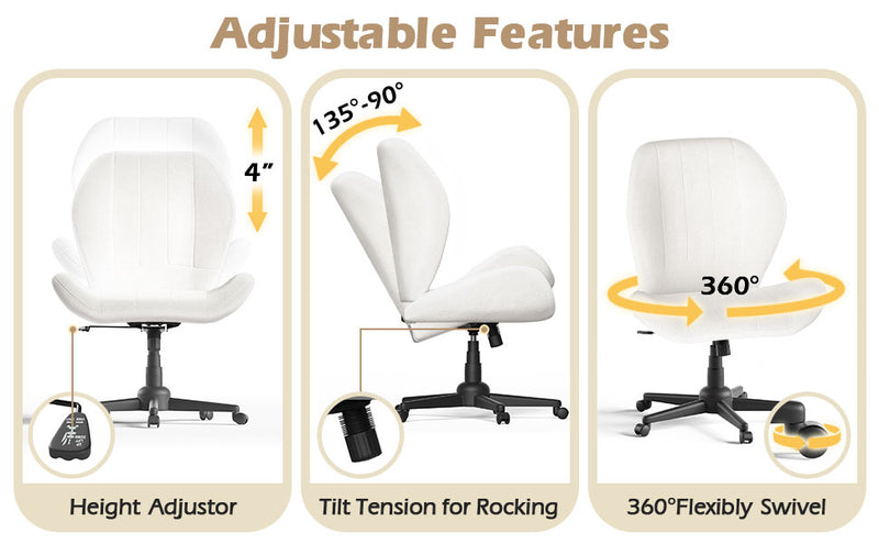 Cross Legged Chair Armless Office Chair with Wheels Wide Desk Chair with Tall Back Comfy Vanity Chair with Stress Relief Curved Design Seat Criss Cross Chair for Bedroom & Office & Home