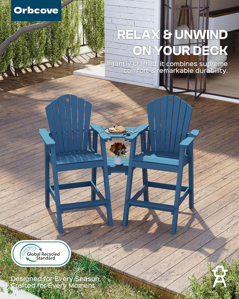 Tall Adirondack Chairs Set of 2 with 2-Layer Connecting Table, HDPE Bar Height Outdoor Table and Chairs with Umbrella Hole, All Weather Outdoor Bar Stools for Patio, Deck, Yard