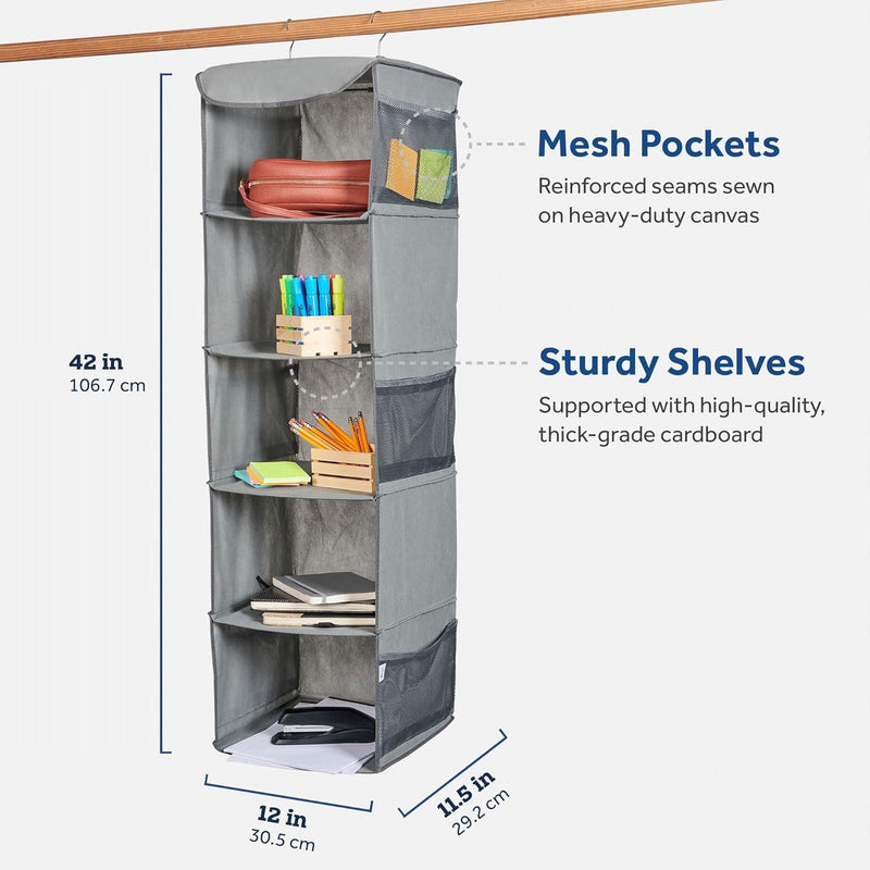 5-Shelf Hanging Closet Organizer, Hanging Storage Organizer Shelves for Clothes, Towels, and Toys