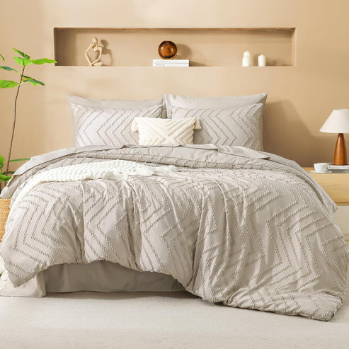 Litanika Comforter Full Queen King Size Set with Sheets Beige - 7 Pieces Bed in a Bag Full Chevron Tufted Complete Bedding Sets with Comforter, Sheets, Pillowcases & Shams