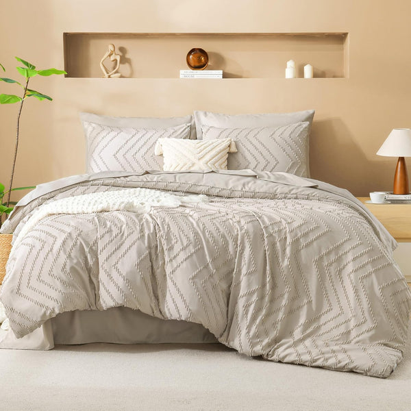 Litanika Comforter Full Queen King Size Set with Sheets Beige - 7 Pieces Bed in a Bag Full Chevron Tufted Complete Bedding Sets with Comforter, Sheets, Pillowcases & Shams