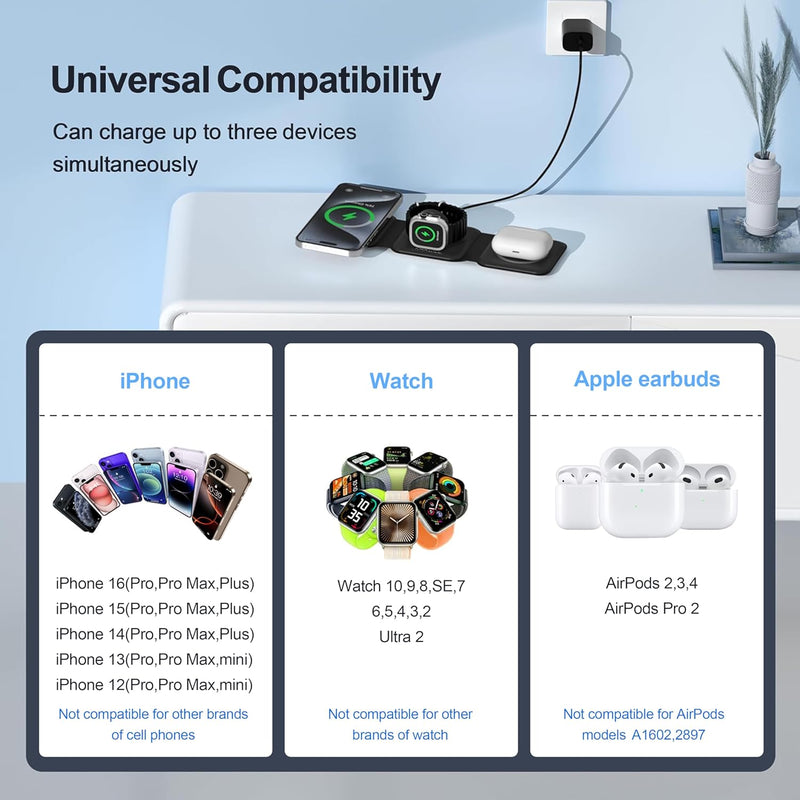 3 in 1 Charging Station for Multple Devices,Foldable 3 in 1 Wireless Charger for Travel,Nano Wireless Charging Station for iPhone16 15 14 13 12 Pro Max/Watch 10 9 8 7 6 5 4 3 Ultra/AirPod Pro