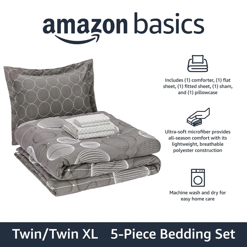 Amazon Basics Lightweight Microfiber Bed-in-a-Bag Comforter 5-Piece Bedding Set, Twin/Twin XL