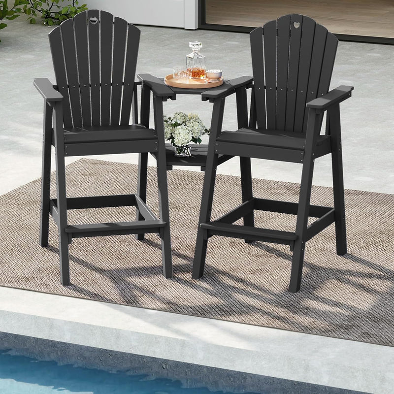 Tall Adirondack Chairs Set of 2 with 2-Layer Connecting Table, HDPE Bar Height Outdoor Table and Chairs with Umbrella Hole, All Weather Outdoor Bar Stools for Patio, Deck, Yard