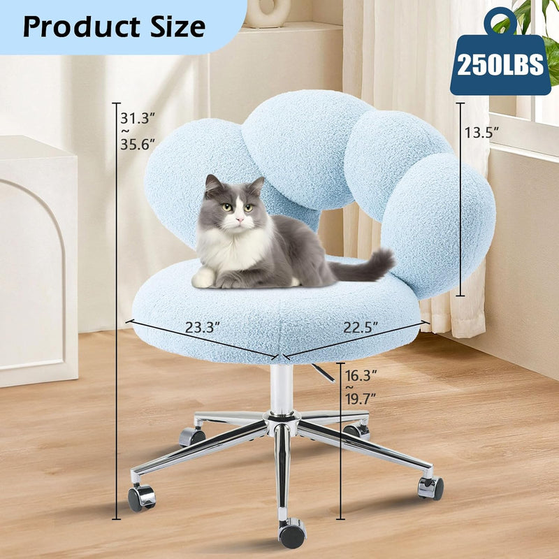 Armless Desk Chair Teddy Fabric Makeup Vanity Chair with Wheels & Adjustable Height Cute Office Chair Criss Cross Cross-Legged Chair for Bedroom & Living Room & Dressing Room (Blue)