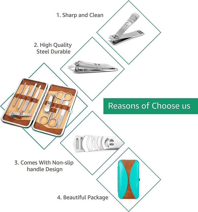 9-Piece Manicure and Pedicure Nail Clipping Set with Case- Stainless Steel, Turquoise