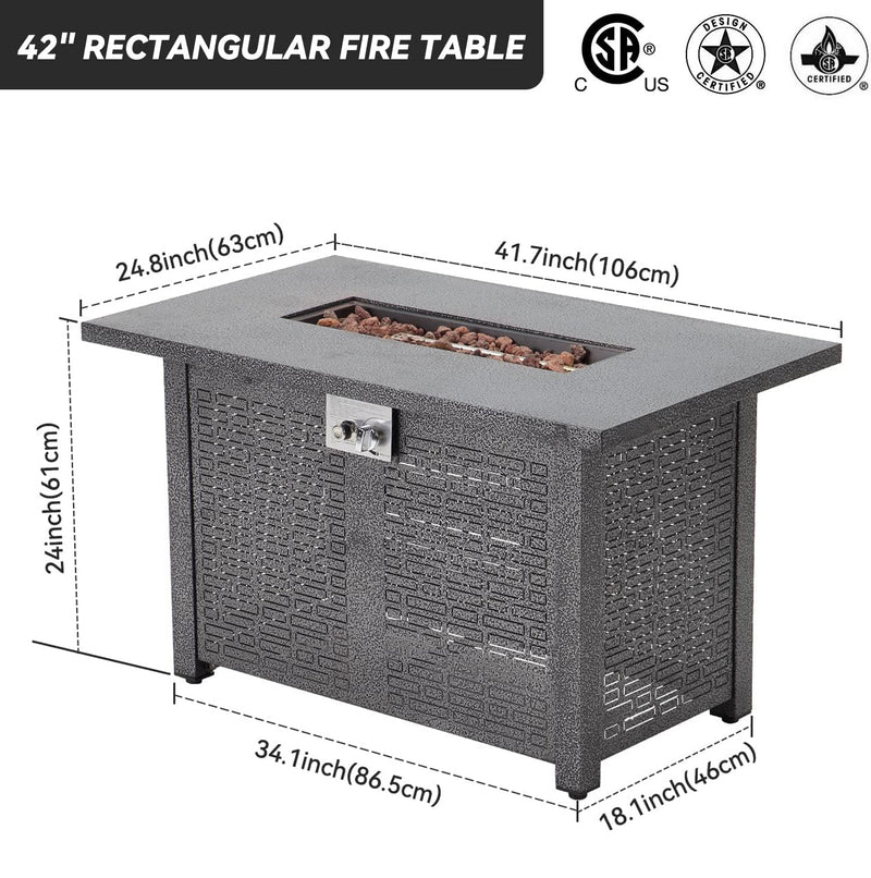 42-Inch Rectangular Fire Pit Table with 50,000 BTU Propane Burner and Lid
