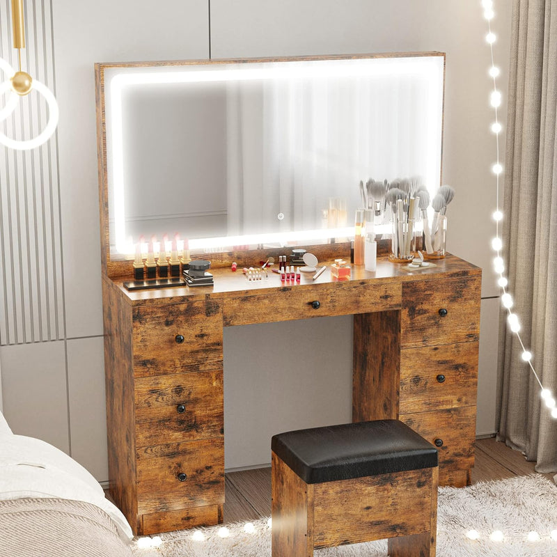 Vanity Desk Set with LED Lighted Mirror, Power Outlet, 7 Drawers, and Stool