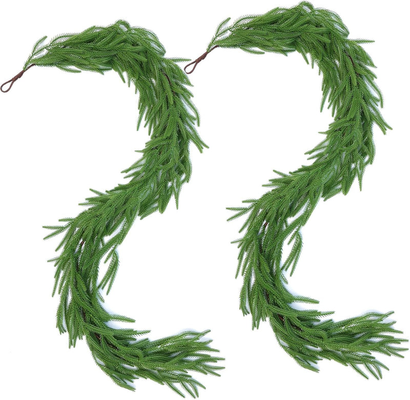 2 Pcs 6 Ft Artificial Norfolk Pine Garlands, Real Touch Winter Pine Garland, Green Artificial Greenery Garland for Table, Mantle, Wall, Indoor, Outdoor Christmas Decorations