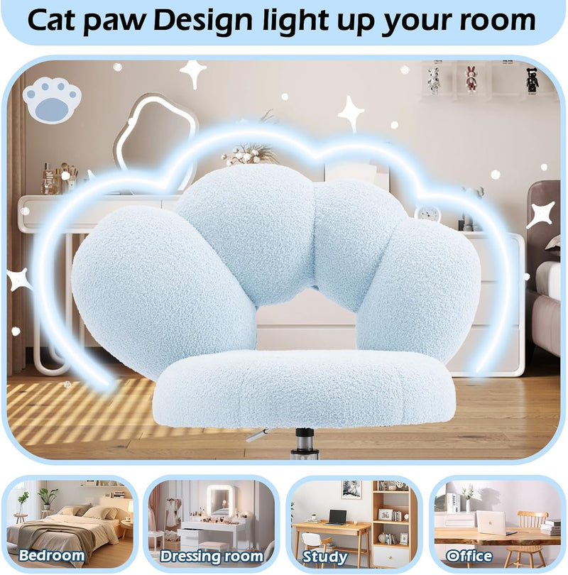 Armless Desk Chair Teddy Fabric Makeup Vanity Chair with Wheels & Adjustable Height Cute Office Chair Criss Cross Cross-Legged Chair for Bedroom & Living Room & Dressing Room (Blue)