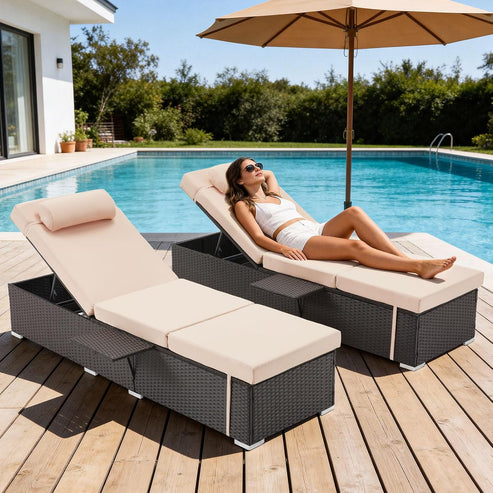 Outdoor Chaise Lounge with Adjustable Backrest Set of 2, 6-Position Reclining Lounger Pool Chair, Thick 3-Inch Cushion & Side Tray, All-Weather PE Wicker for Outdoor, Backyard, Deck