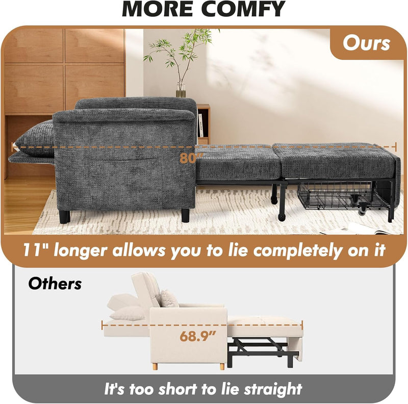 Convertible Sleeper Chair 79" Long Chair Bed w/Adjustable Backrest 4-in-1 Pull Out Lounge Chair 500 LBS Load Bearing Single Sofa Bed with Pillow for Living Room & Small Space