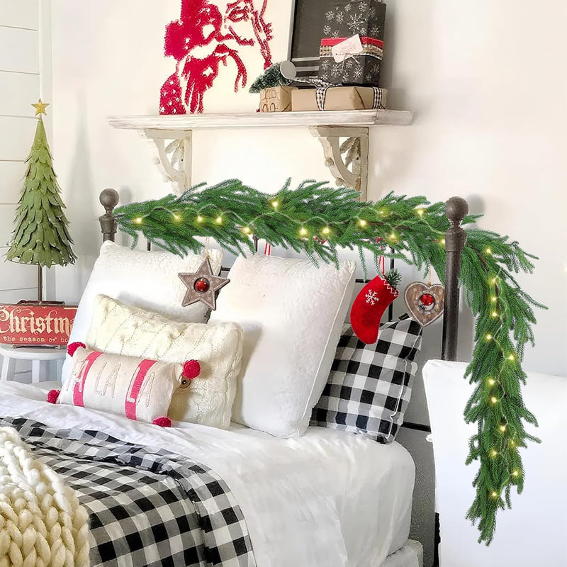 2 Pcs 6 Ft Artificial Norfolk Pine Garlands, Real Touch Winter Pine Garland, Green Artificial Greenery Garland for Table, Mantle, Wall, Indoor, Outdoor Christmas Decorations