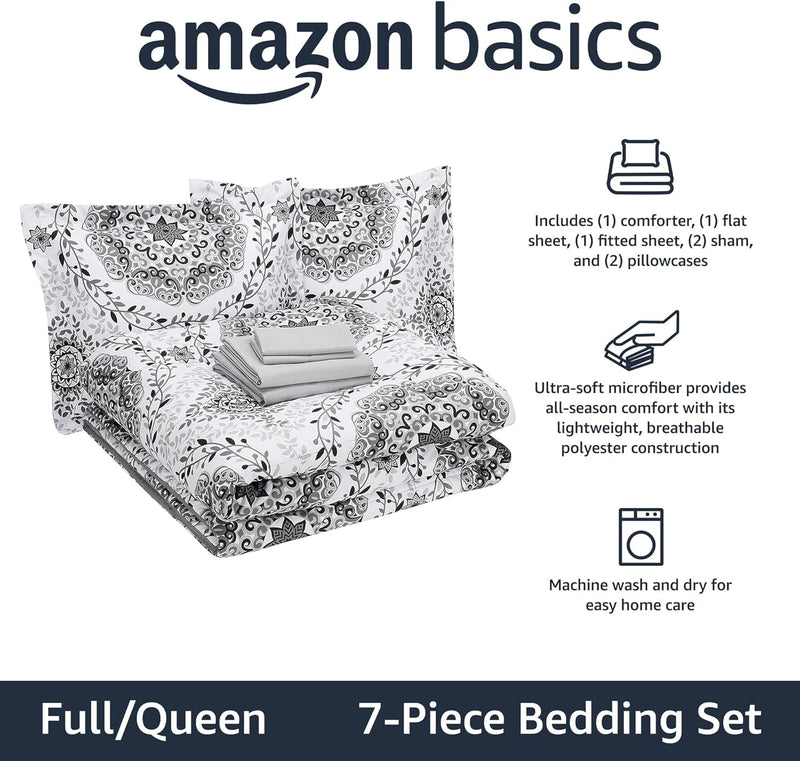 7-Piece Lightweight Microfiber Bed-in-a-Bag Comforter Bedding Set - Full/Queen, Gray Medallion