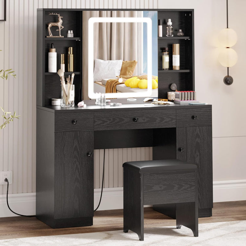 Vanity Desk Set with Large LED Lighted Mirror and Power Outlet