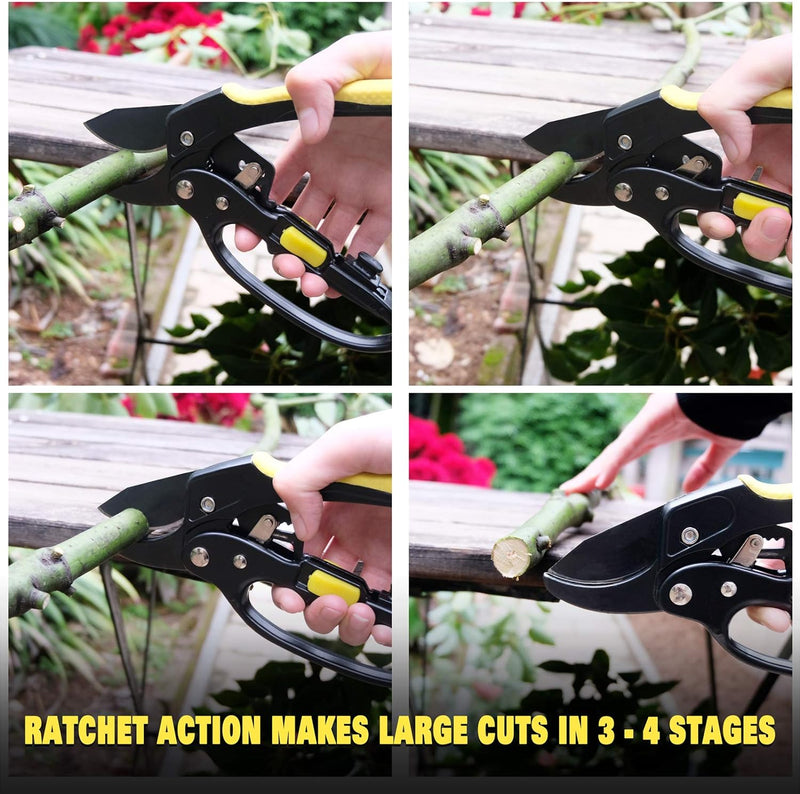 4 PCS Garden Pruning Shears Set, Ratchet Anvil Pruning Shears with Ratcheting Mechanism