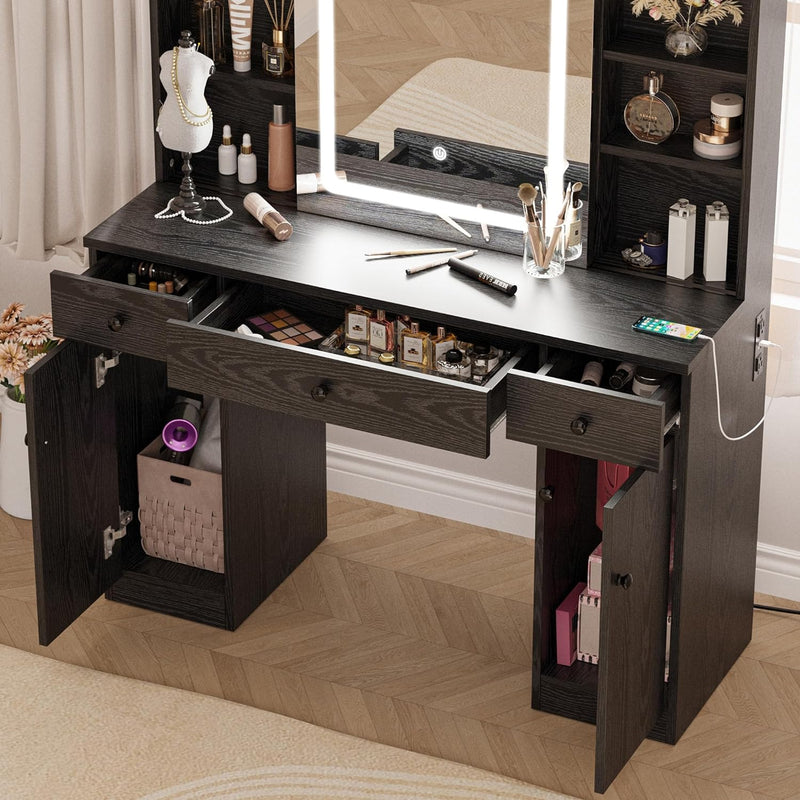 Vanity Desk Set with Large LED Lighted Mirror and Power Outlet