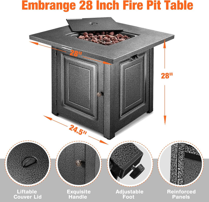 Outdoor Propane Fire Pit Table, 28 inch Auto-Ignition Patio Gas Fire Pit with Lid and Lava Rock, External Igniter and CSA Certified, Unique Finish Great Addition to The Yard or Deck