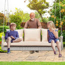 Heavy Duty 900 LBS Porch Swing Chair 3-Person Outdoor Rattan Patio Swing Lounge w/Cup-Holder & Steel Chains Wicker Hanging Bench Porch Swing Cushions for Deck & Backyard & Garden