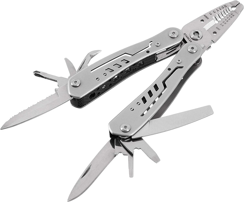 10-in-1 Stainless Steel Electrician's Stripping Multitool Safety Lock with Nylon Sheath, Silver