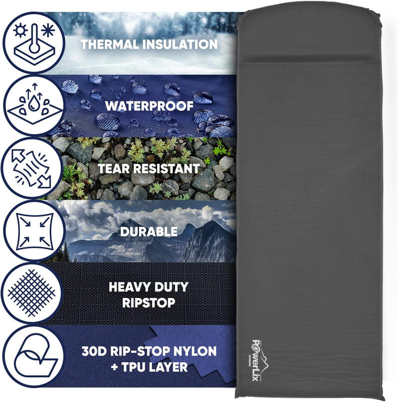 Powerlix Self-Inflating Sleeping Pad with 3-Inches Insulated Plush Foam and Built-In Pillow (28" x 77")