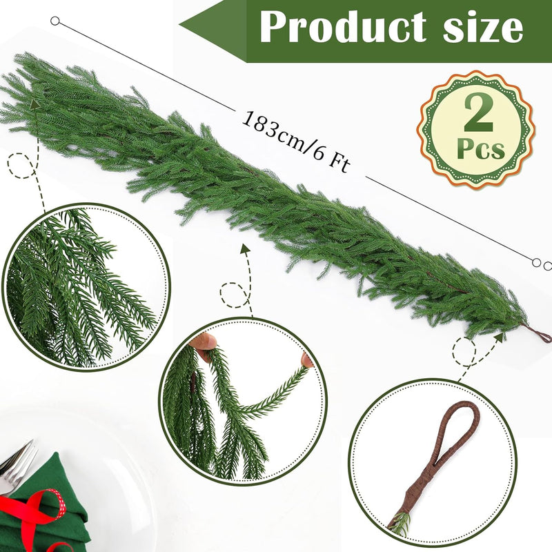 2 Pcs 6 Ft Artificial Norfolk Pine Garlands, Real Touch Winter Pine Garland, Green Artificial Greenery Garland for Table, Mantle, Wall, Indoor, Outdoor Christmas Decorations