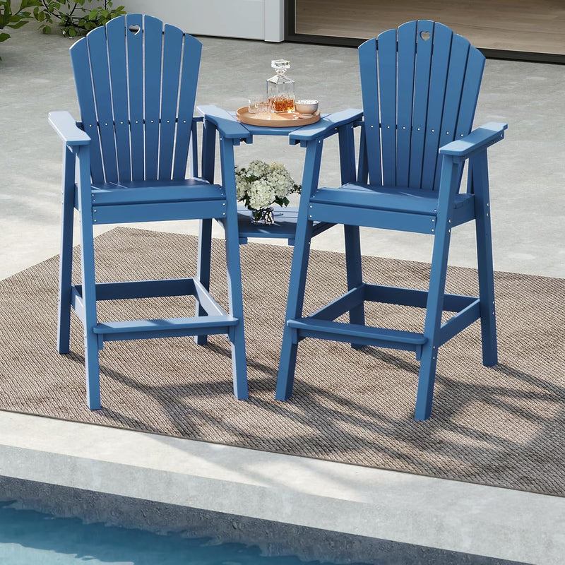 Tall Adirondack Chairs Set of 2 with 2-Layer Connecting Table, HDPE Bar Height Outdoor Table and Chairs with Umbrella Hole, All Weather Outdoor Bar Stools for Patio, Deck, Yard