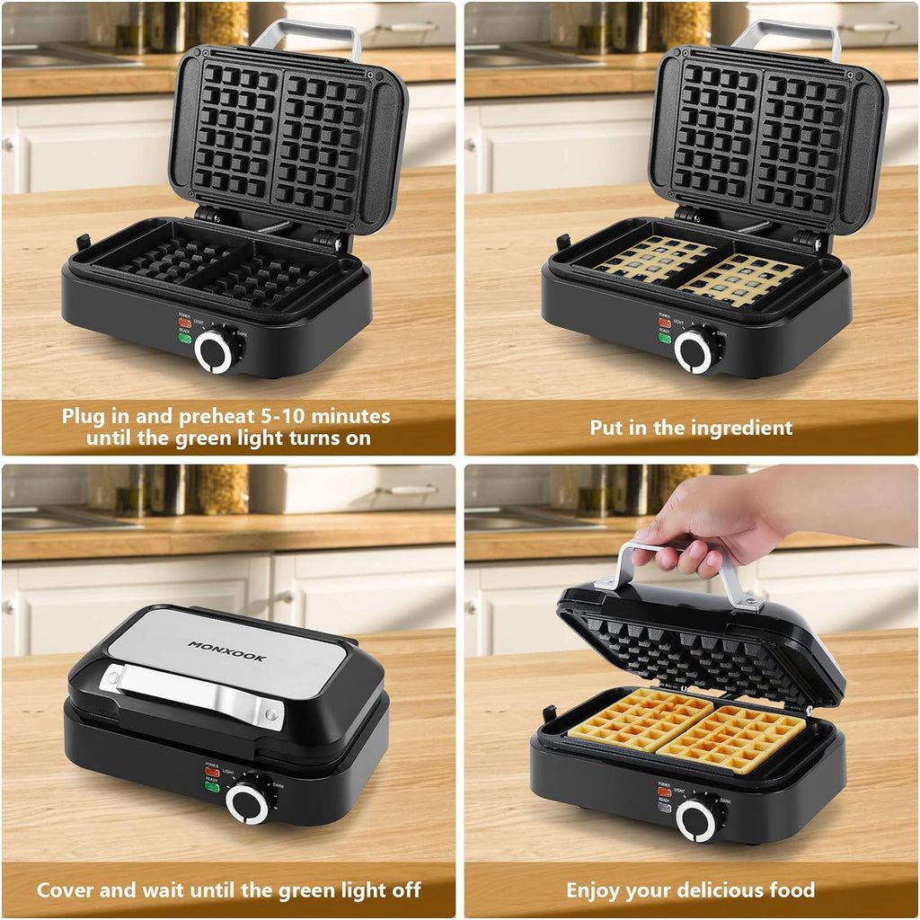 MONXOOK Waffle Maker Belgian, Electric Waffle Maker with Indicator