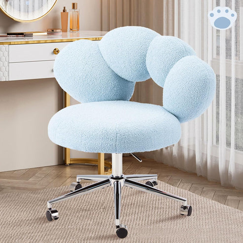 Armless Desk Chair Teddy Fabric Makeup Vanity Chair with Wheels & Adjustable Height Cute Office Chair Criss Cross Cross-Legged Chair for Bedroom & Living Room & Dressing Room (Blue)
