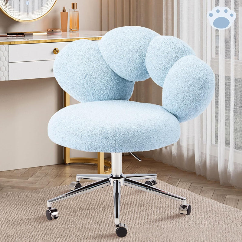 Armless Desk Chair Teddy Fabric Makeup Vanity Chair with Wheels & Adjustable Height Cute Office Chair Criss Cross Cross-Legged Chair for Bedroom & Living Room & Dressing Room (Blue)