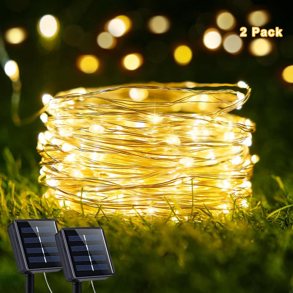 2-Pack Waterproof Solar-Powered 66ft Outdoor String Lights with 200 LEDs and 8 Light Modes
