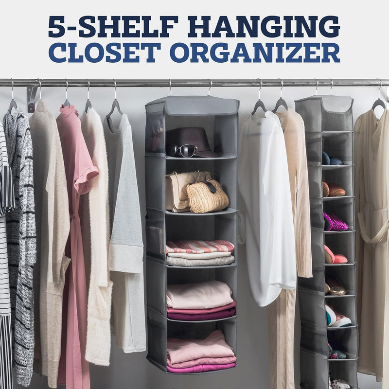 5-Shelf Hanging Closet Organizer, Hanging Storage Organizer Shelves for Clothes, Towels, and Toys