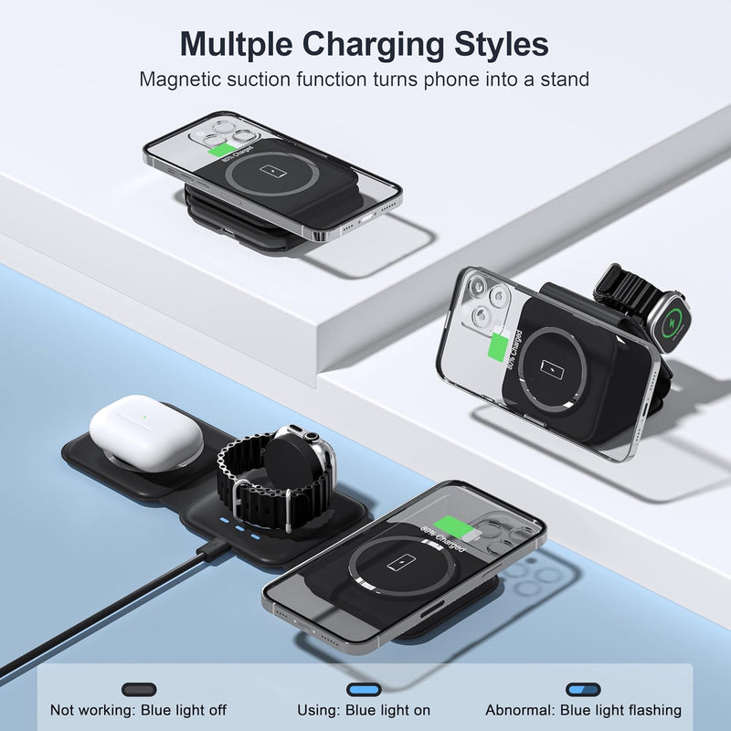 3 in 1 Charging Station for Multple Devices,Foldable 3 in 1 Wireless Charger for Travel,Nano Wireless Charging Station for iPhone16 15 14 13 12 Pro Max/Watch 10 9 8 7 6 5 4 3 Ultra/AirPod Pro