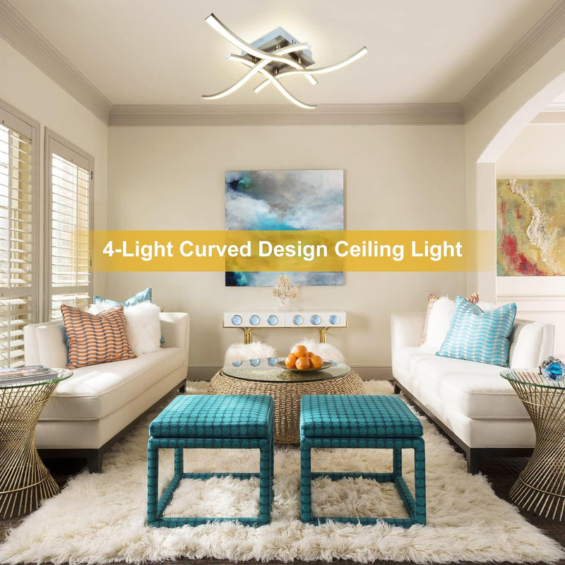 4-Light Modern LED Ceiling Light, 18W Curved Design Ceiling Lamp Fixture Brushed Nickel, 3000K 1650LM Flush Mount Ceiling Lights