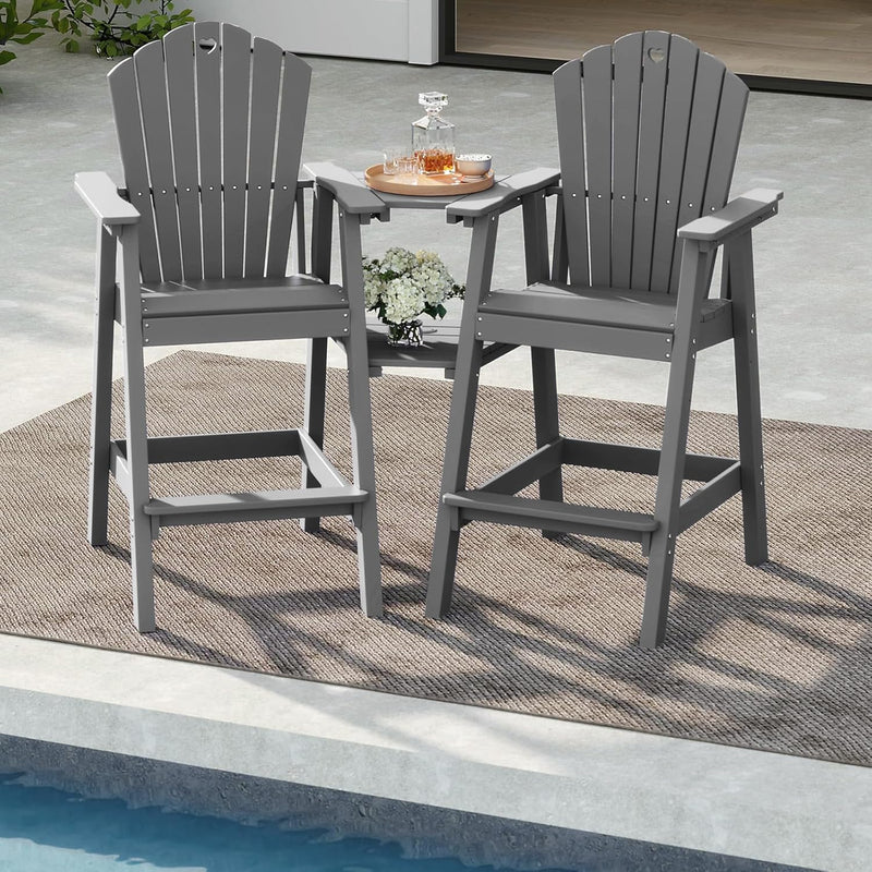 Tall Adirondack Chairs Set of 2 with 2-Layer Connecting Table, HDPE Bar Height Outdoor Table and Chairs with Umbrella Hole, All Weather Outdoor Bar Stools for Patio, Deck, Yard