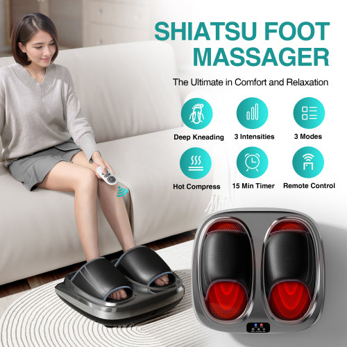 Shiatsu Foot Massager with Heat and Deep Kneading Therapy, Air Compression, Vibration for Pain Relief and Circulation, Open-Toe Style,Home or Office Use