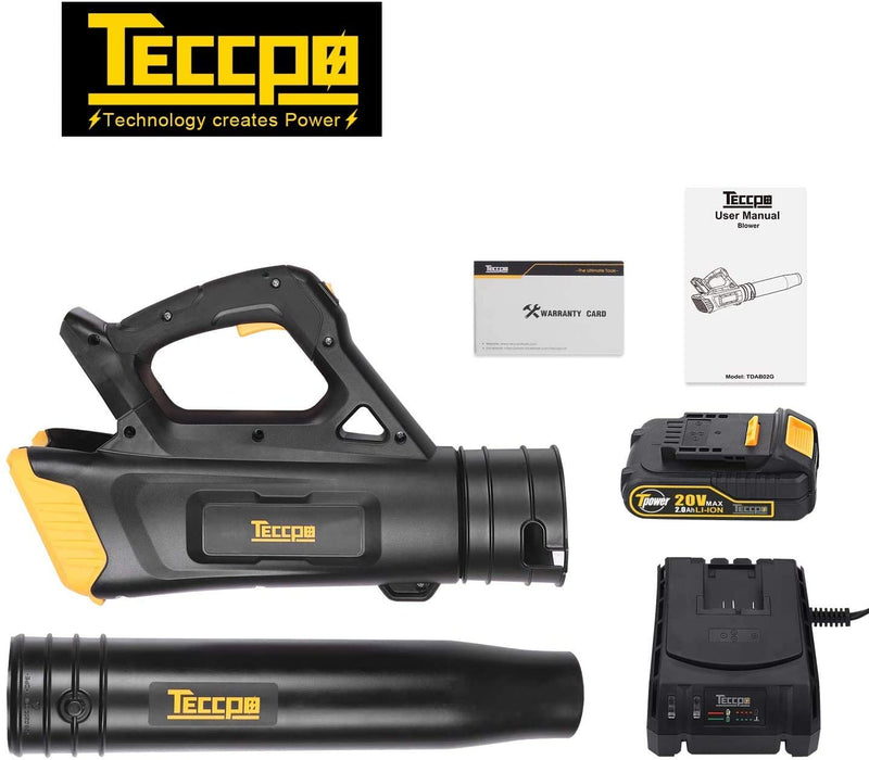 TECCPO 20V Cordless Leaf Blower with Turbine Fan, Dual Speed Adjustment + 2.0Ah Lithium Battery