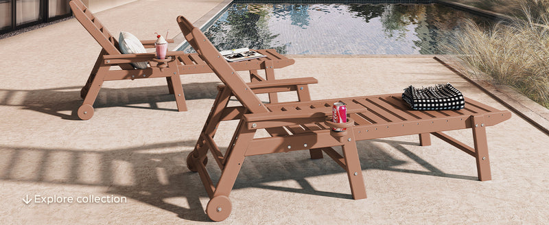 Aokia Plastic Lounge Chairs for Outside Set of 2 with Wheels & Cup Holder, Oversize HDPE 6-Position Chaise Lounge Outdoor Lounger for Patio & Pool.