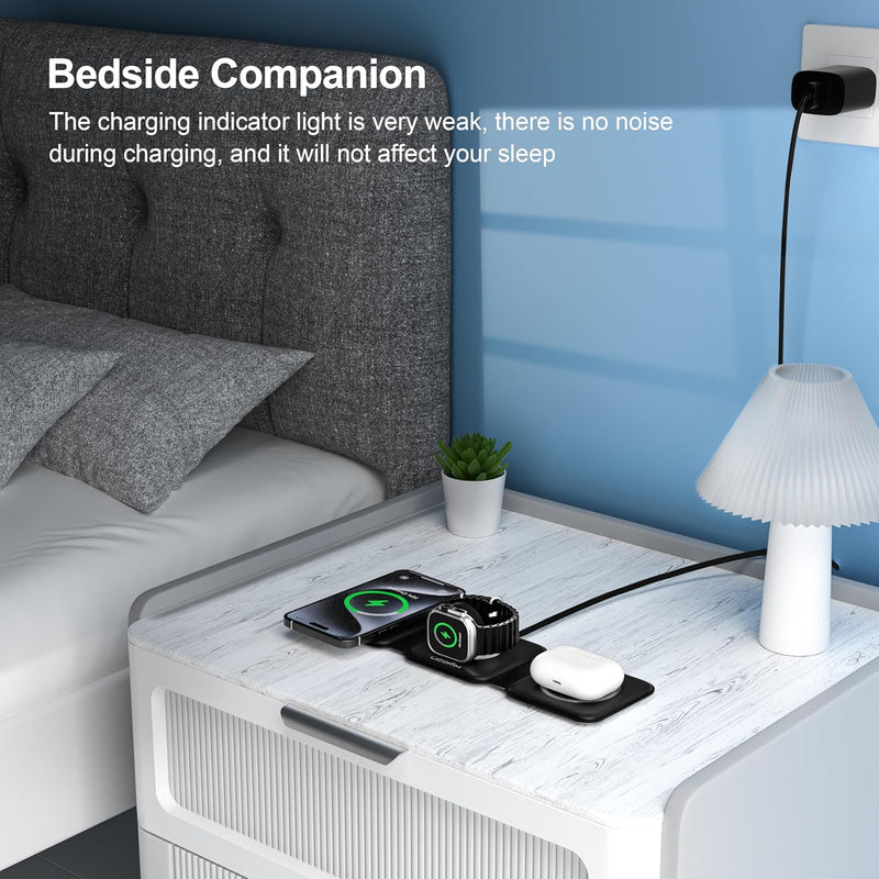3 in 1 Charging Station for Multple Devices,Foldable 3 in 1 Wireless Charger for Travel,Nano Wireless Charging Station for iPhone16 15 14 13 12 Pro Max/Watch 10 9 8 7 6 5 4 3 Ultra/AirPod Pro