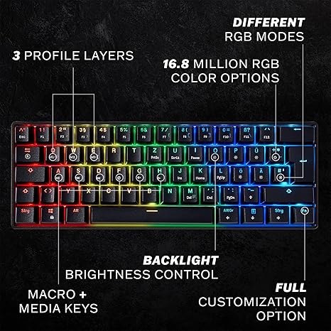 Mizar MZ60 Luna Mechanical Gaming Keyboard | 60% Keyboard 62 Key ANSI US Layout | RGB LED Backlit | Anti Ghosting NKRO | Progammable Macro Keys | Hotswap Gateron Optical Yellow Switches | Black