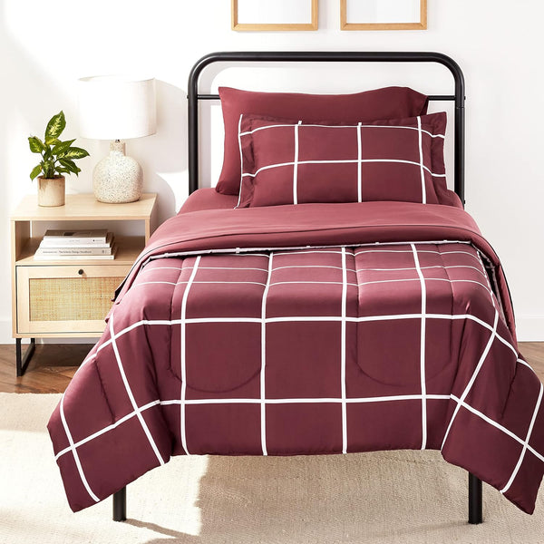 Amazon Basics Lightweight Microfiber Bed-in-a-Bag Comforter 5-Piece Bedding Set, Twin/Twin XL