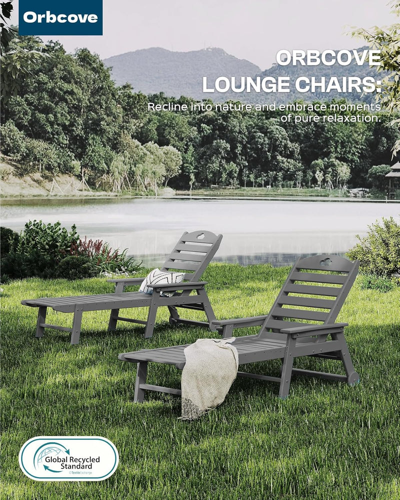 Outdoor Lounge Chair with Cup Holder, Outdoor Chaise Lounge with 6-Position Adjustable Backrest, HDPE Lounge Chair for Poolside, Patio, Deck & Backyard, Chaise Lounge