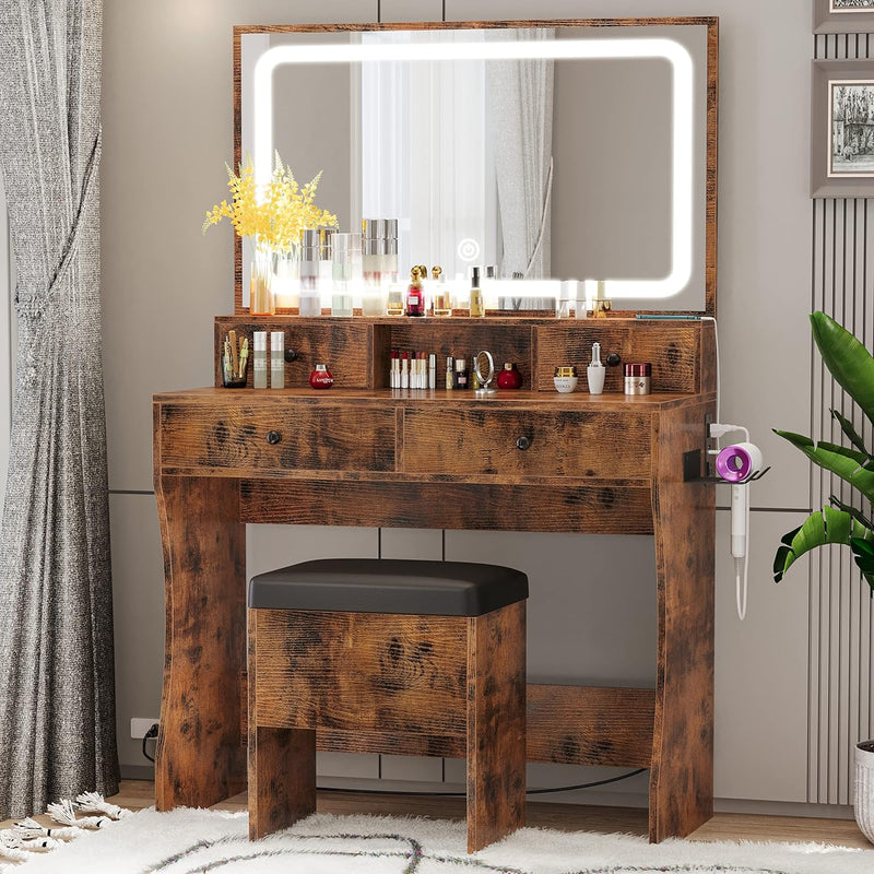 Vanity Desk with LED Lighted Mirror, Power Outlet, and 4 Drawers