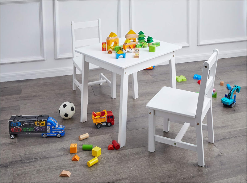 Kids Solid Wood Table and 2 Chair, 3 Piece Set, White
