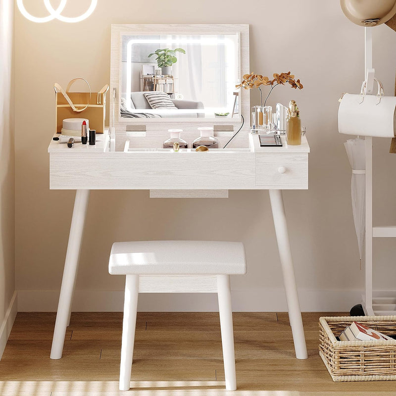 Flip Top Vanity Desk Set with LED Lighted Mirror & Power Outlet