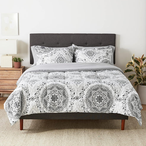 7-Piece Lightweight Microfiber Bed-in-a-Bag Comforter Bedding Set - Full/Queen, Gray Medallion