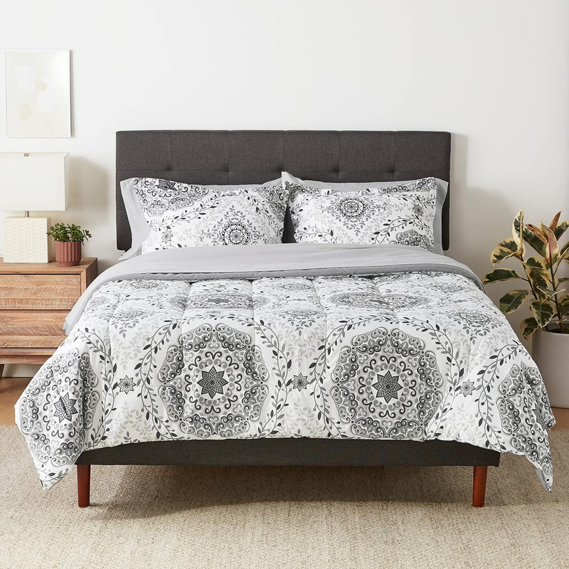 7-Piece Lightweight Microfiber Bed-in-a-Bag Comforter Bedding Set - Full/Queen, Gray Medallion