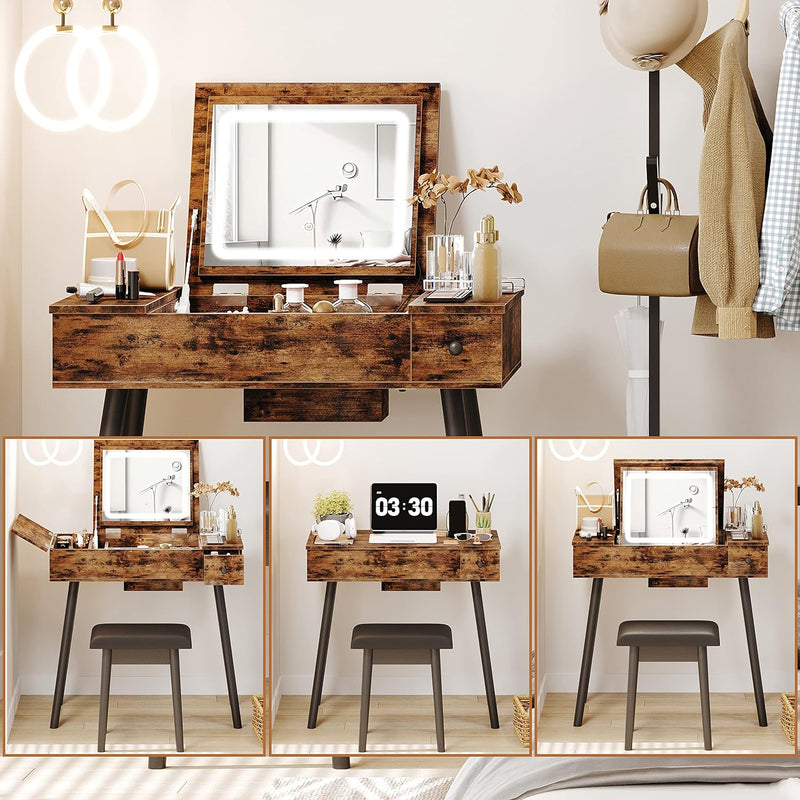 Flip Top Vanity Desk Set with LED Lighted Mirror & Power Outlet