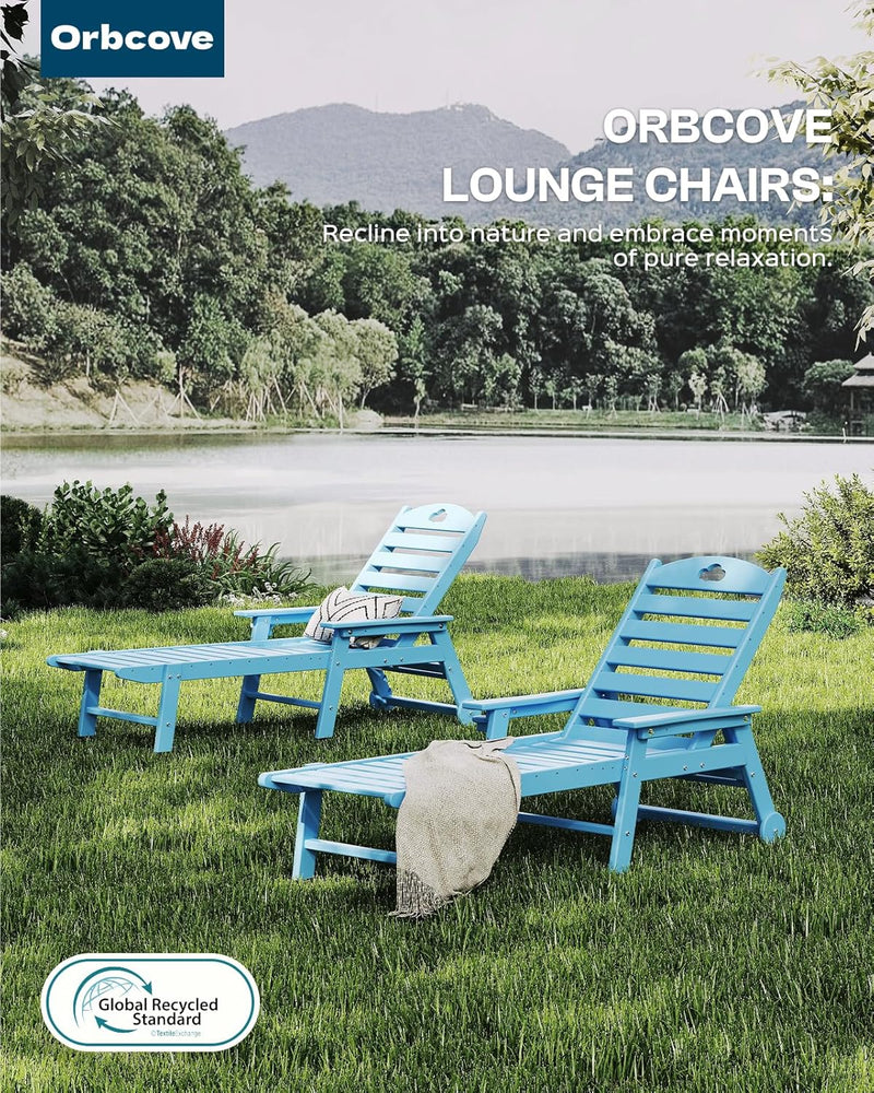 Outdoor Lounge Chair with Cup Holder, Outdoor Chaise Lounge with 6-Position Adjustable Backrest, HDPE Lounge Chair for Poolside, Patio, Deck & Backyard, Chaise Lounge